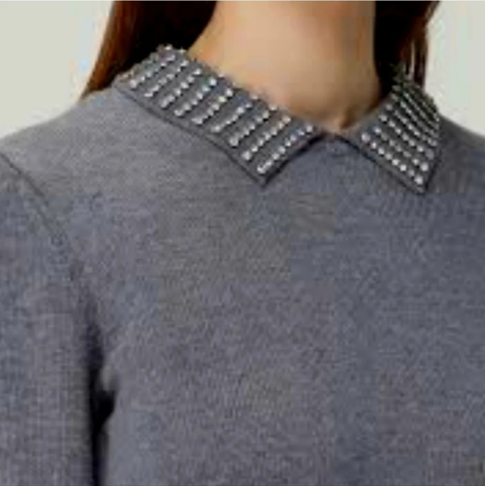 French Connection Gray 100% Wool Beaded Pearl Collar Crewneck Sweater Size Small - Picture 8 of 13